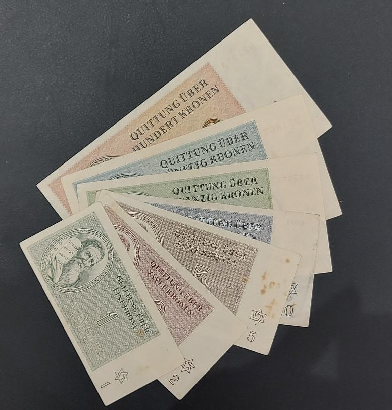 Czechoslovakia Compete Set 1, 2, 5, 10, 20, 50, 100 Kronen 1943 Theresienstadt Ghetto