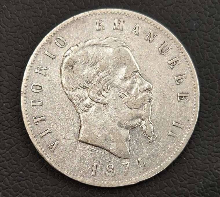 Italy 5 Lire 1874 Vittorio Emanuele II Silver