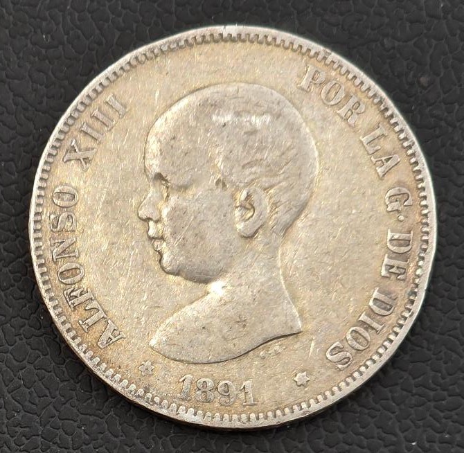 Spain 5 Pesetas 1891 Alfonso XIII (1st portrait) Silver